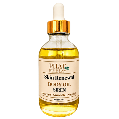 Phat Bath & Body Siren Skin Renewal Body Oil, 3.5 oz golden body oil in a clear glass dropper bottle with a gold cap and cream label.