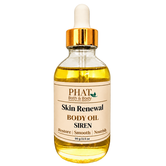 Phat Bath & Body Siren Skin Renewal Body Oil, 3.5 oz golden body oil in a clear glass dropper bottle with a gold cap and cream label.