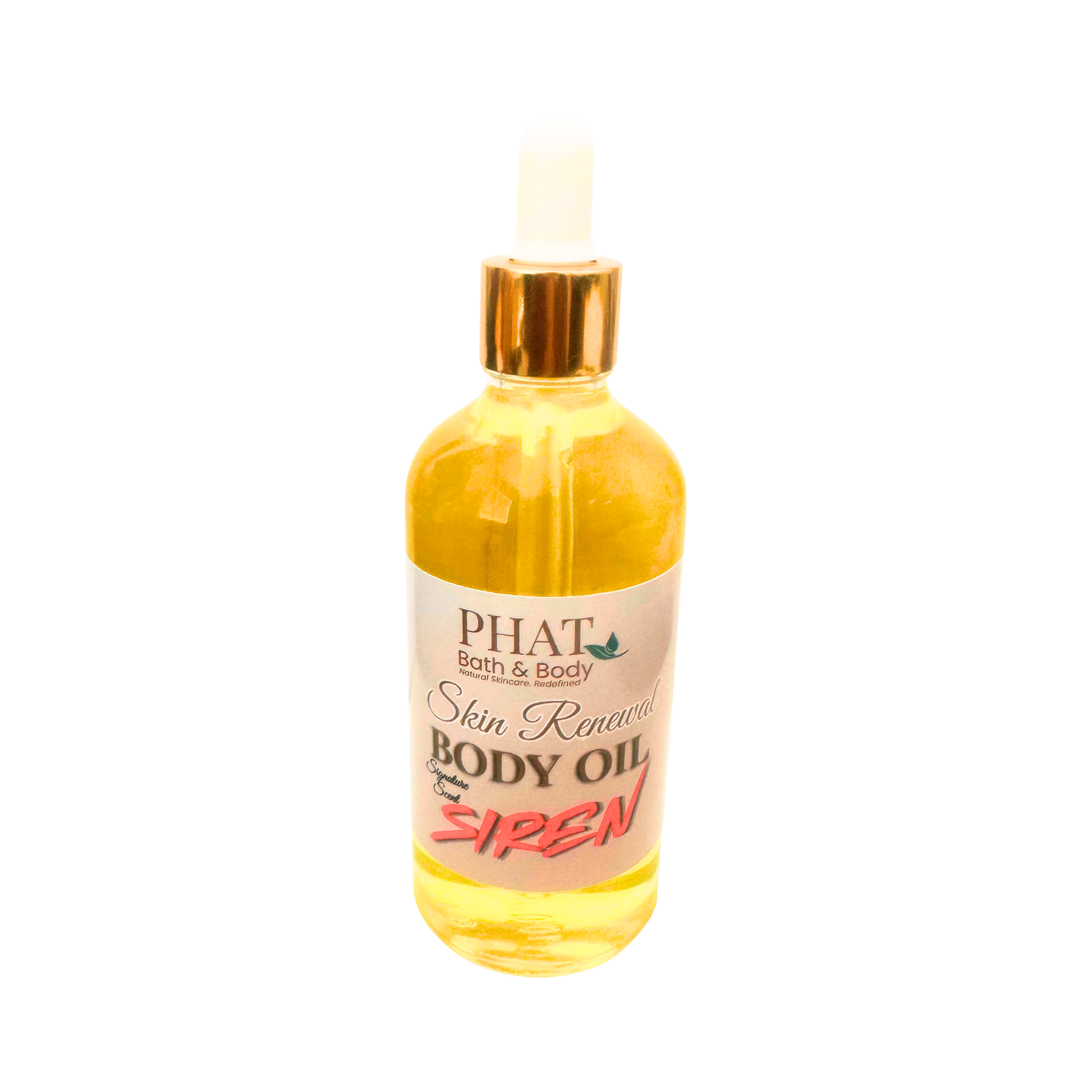 Bottle of Phat Bath & Body Skin Renewal Body Oil on a white background