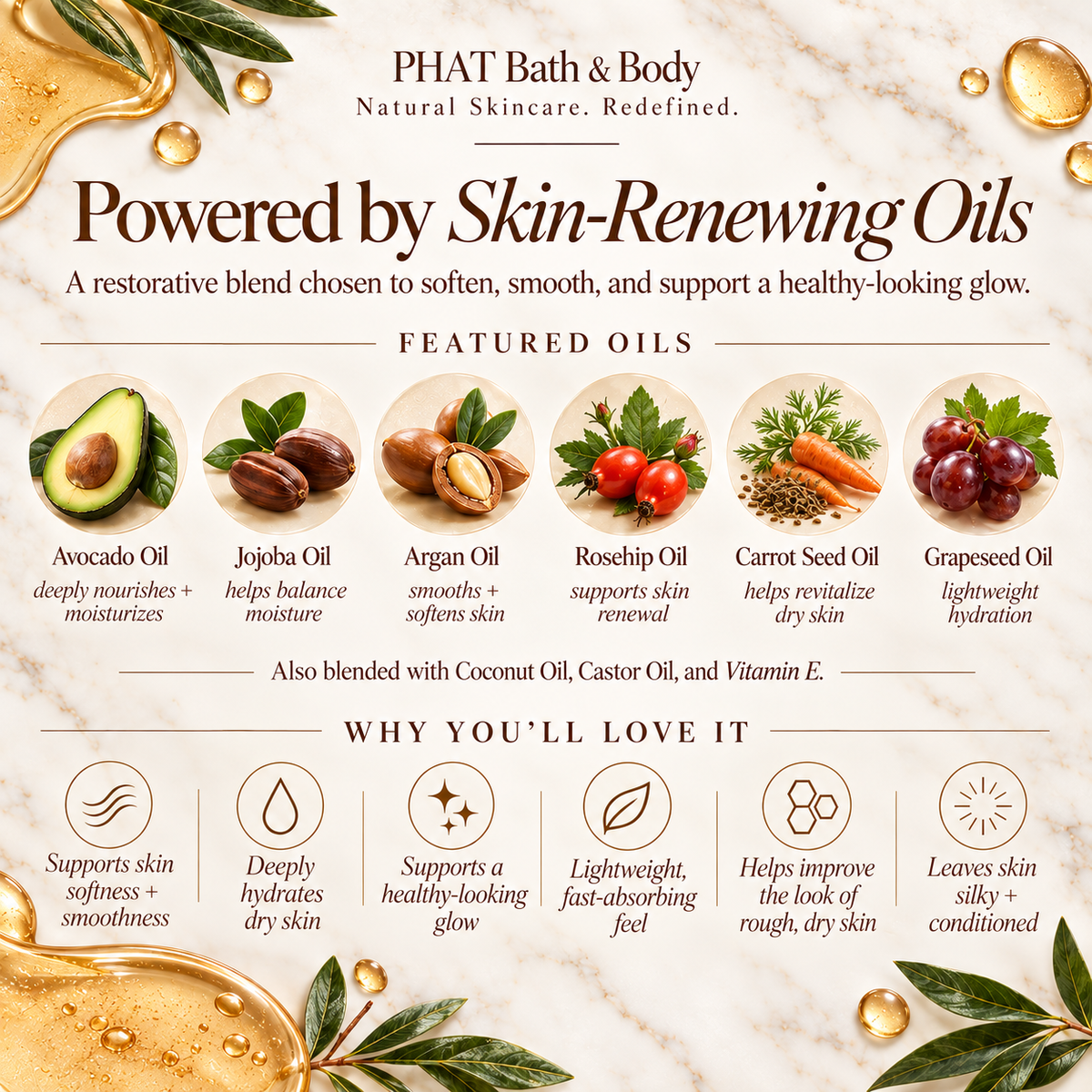 Phat Bath & Body Skin Renewal Oil ingredient and benefits guide featuring avocado, jojoba, argan, rosehip, carrot seed, and grapeseed oils. This nourishing botanical blend helps hydrate dry skin, improve softness and smoothness, and promote a healthy-looking glow.