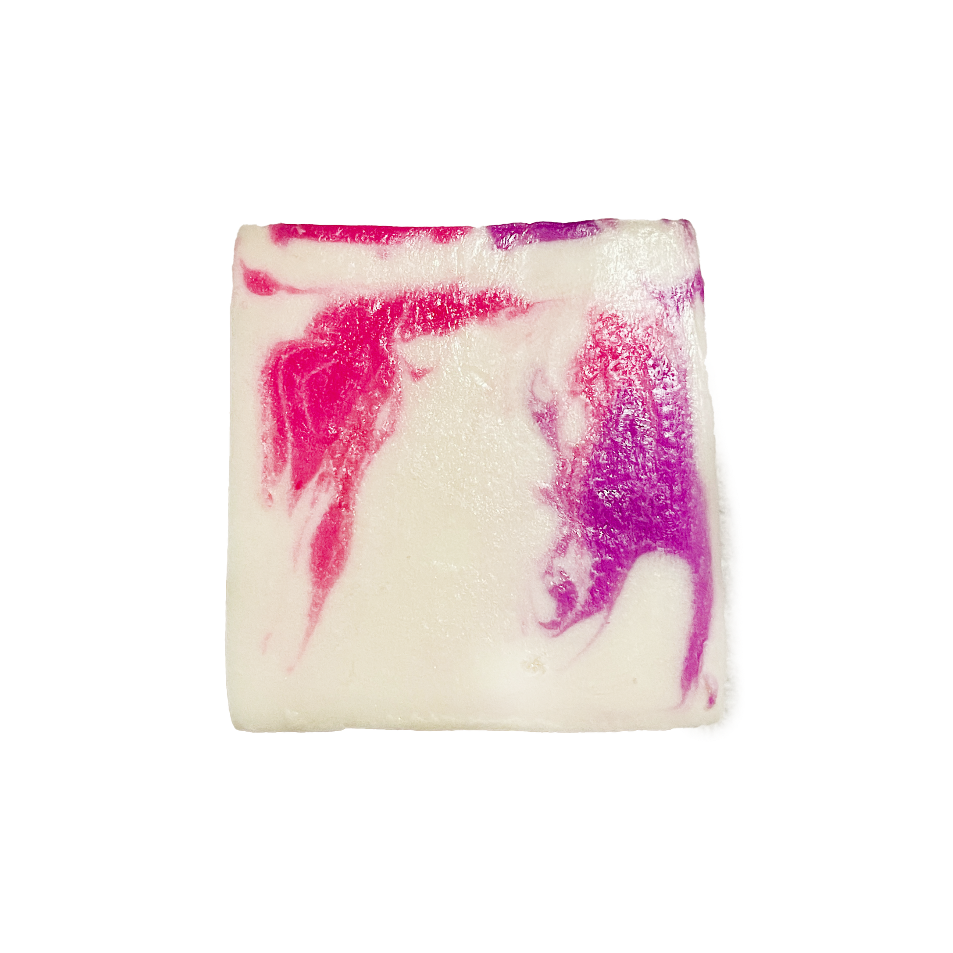 Square bar of soap with pink and purple swirls on a white background