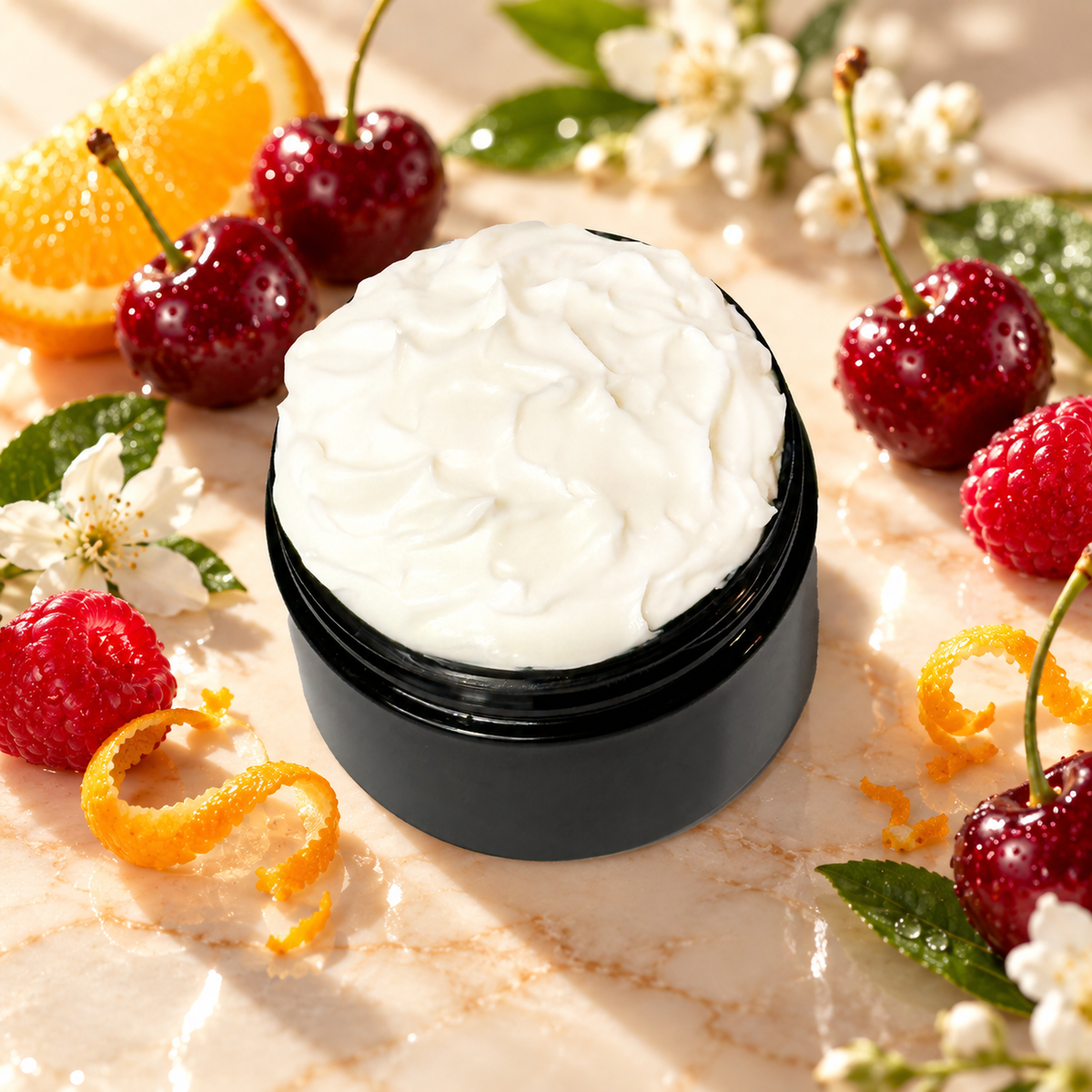 Open jar of Phat Bath & Body Slay Body Lotion surrounded by cherries, berries and fresh citrus inspired accents.