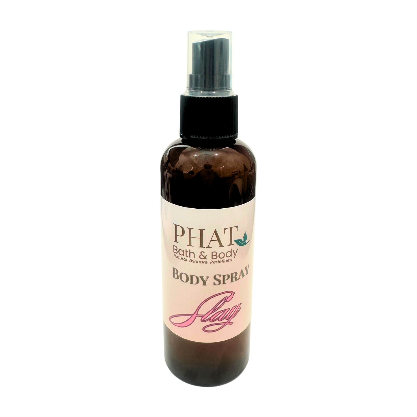 Body spray bottle with a label on a white background
