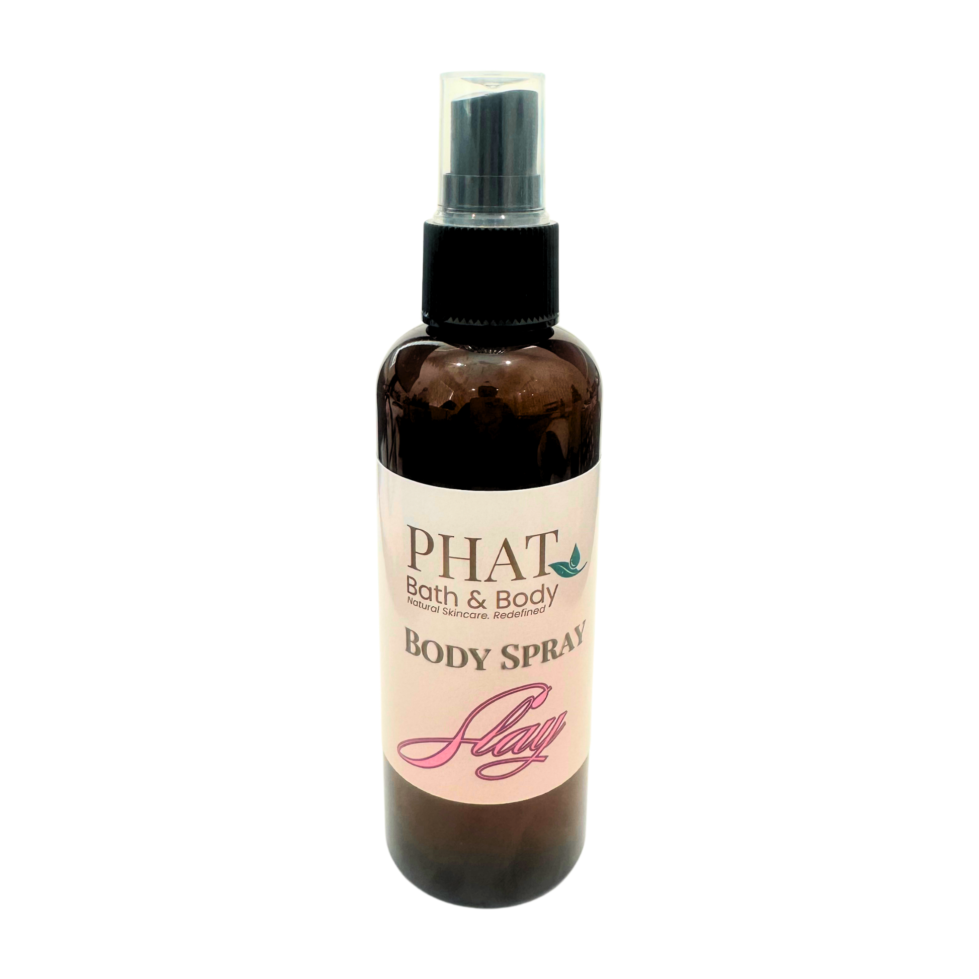 Body spray bottle with a label on a white background