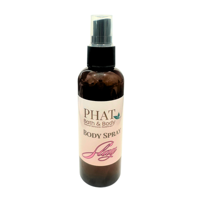 Body spray bottle with a label on a white background