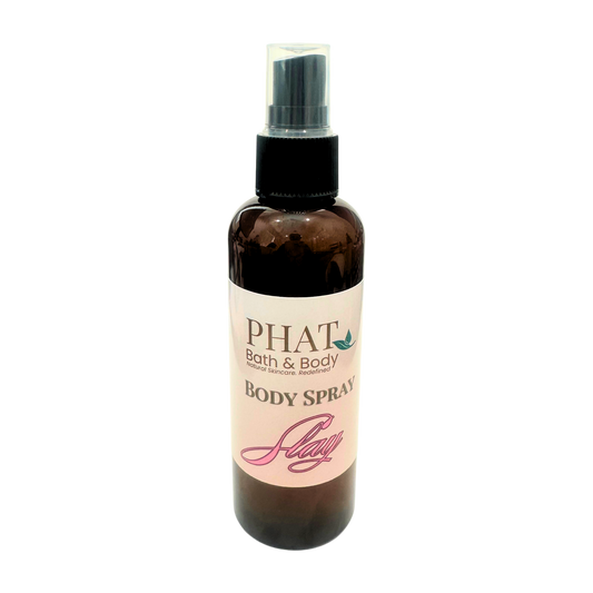 Body spray bottle with a label on a white background
