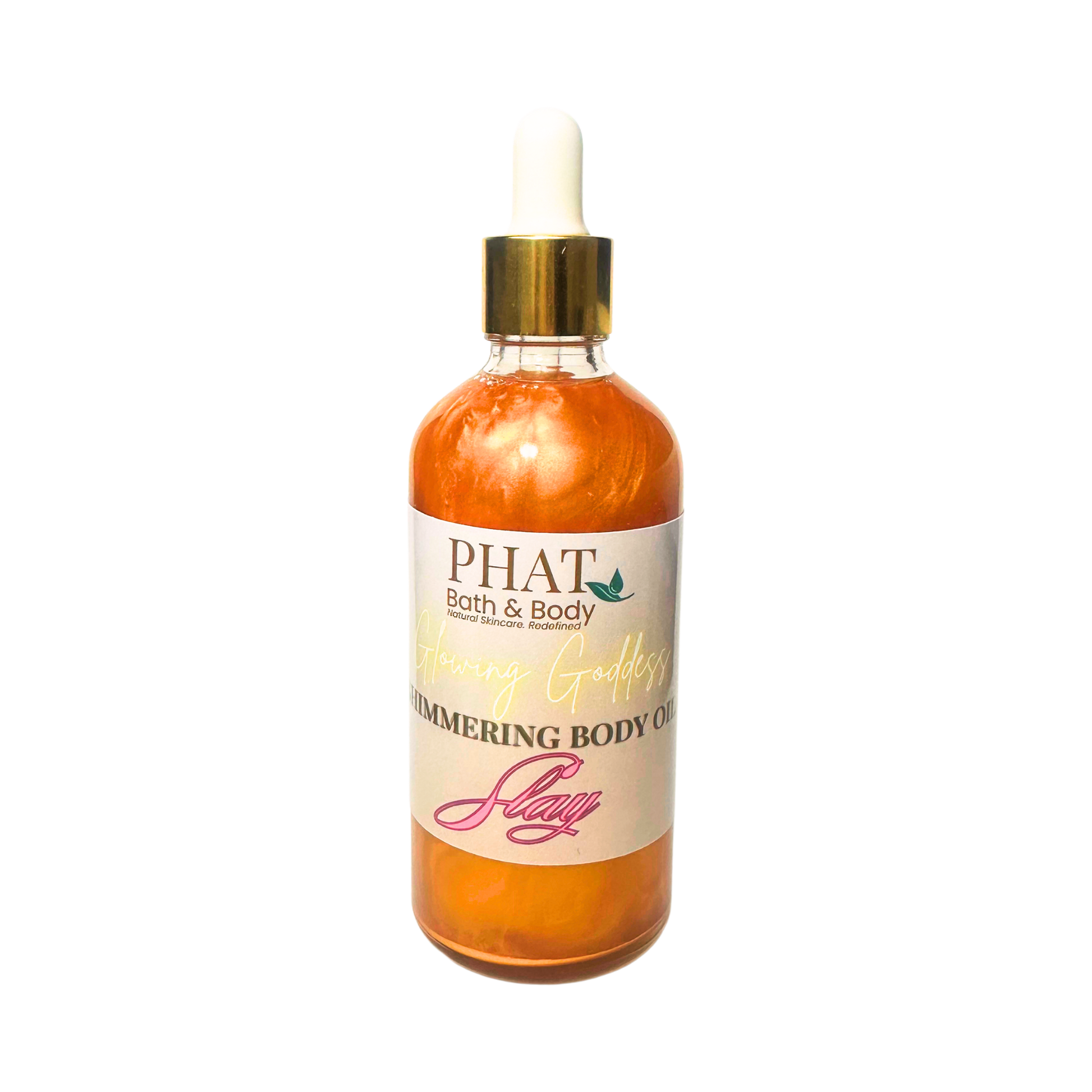 Bottle of 'PHAT Bath & Body' shimmering body oil on a white background