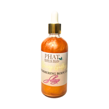 Bottle of 'PHAT Bath & Body' shimmering body oil on a white background