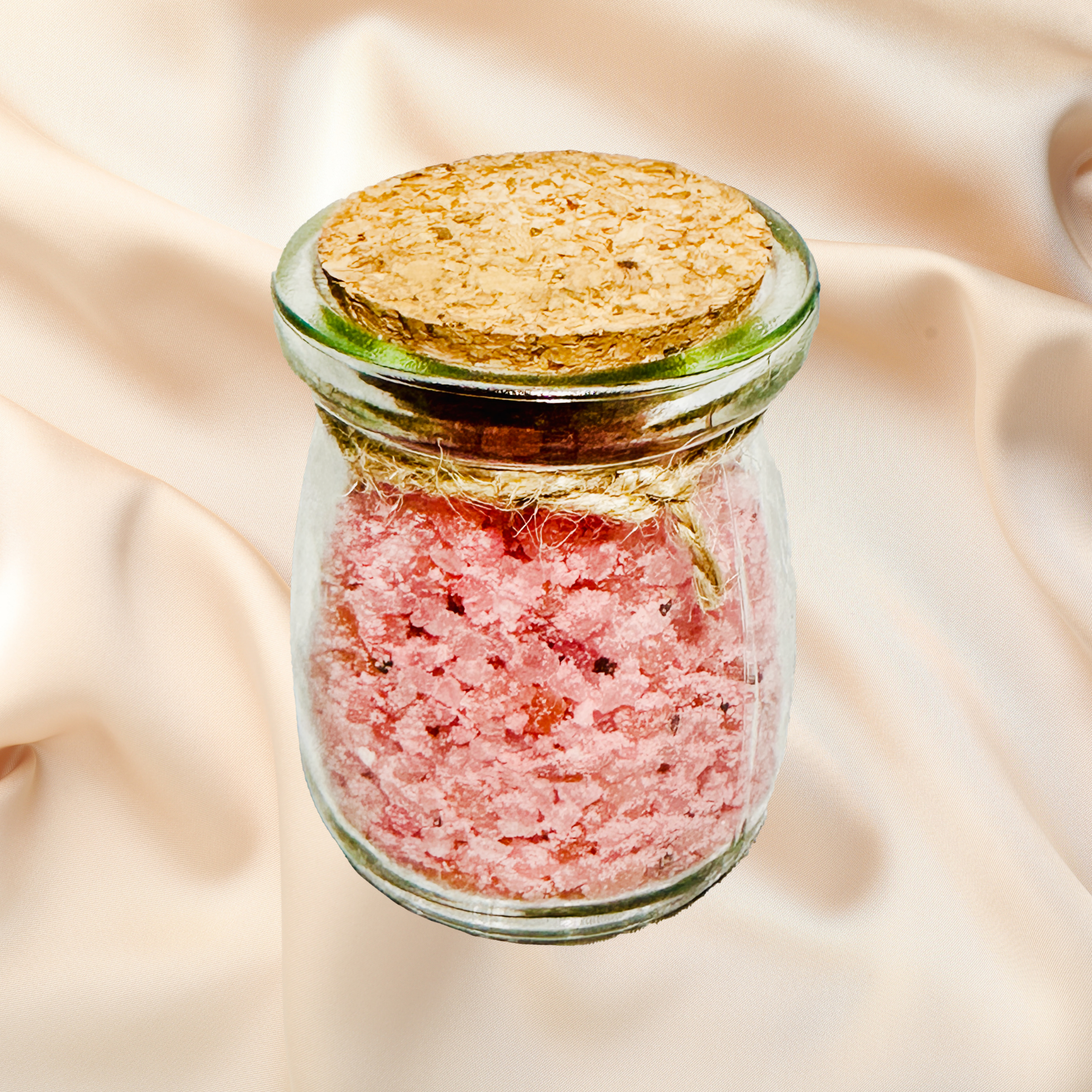 Glass jar with pink bath salts and cork lid on a beige fabric background