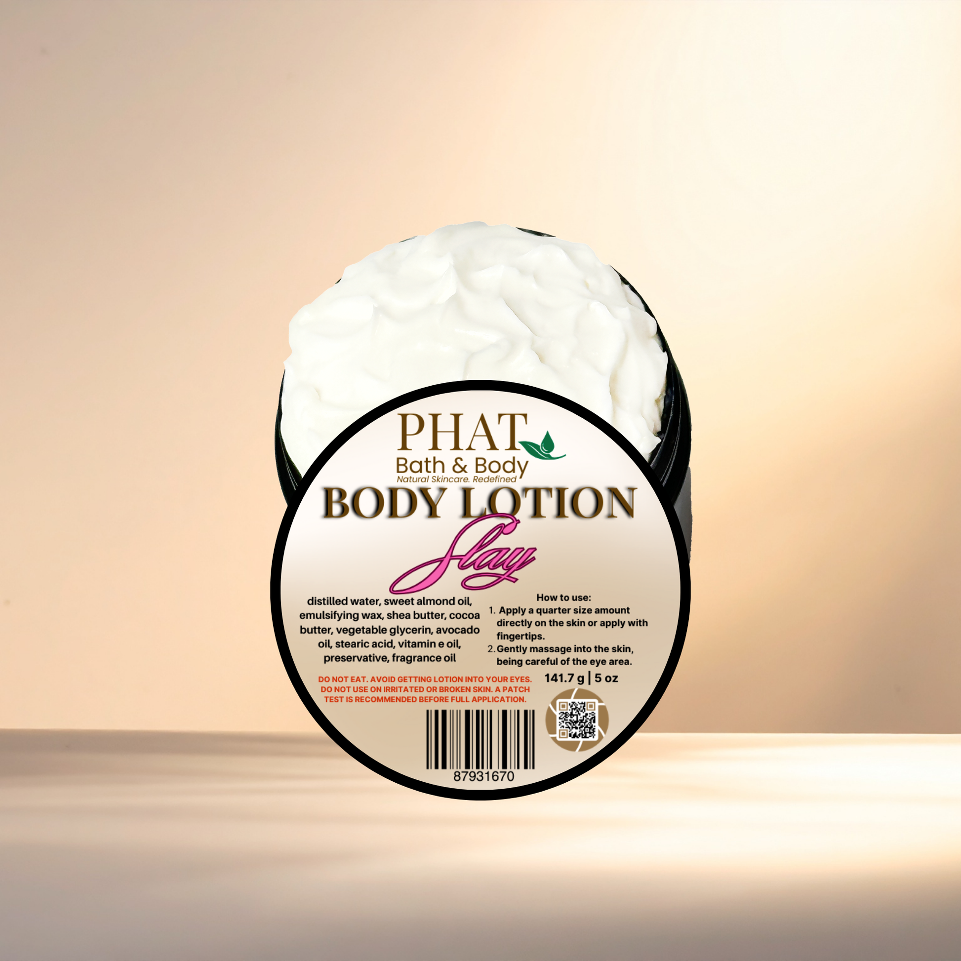 Body lotion container with 'Phat Bath & Body' label on a gradient background