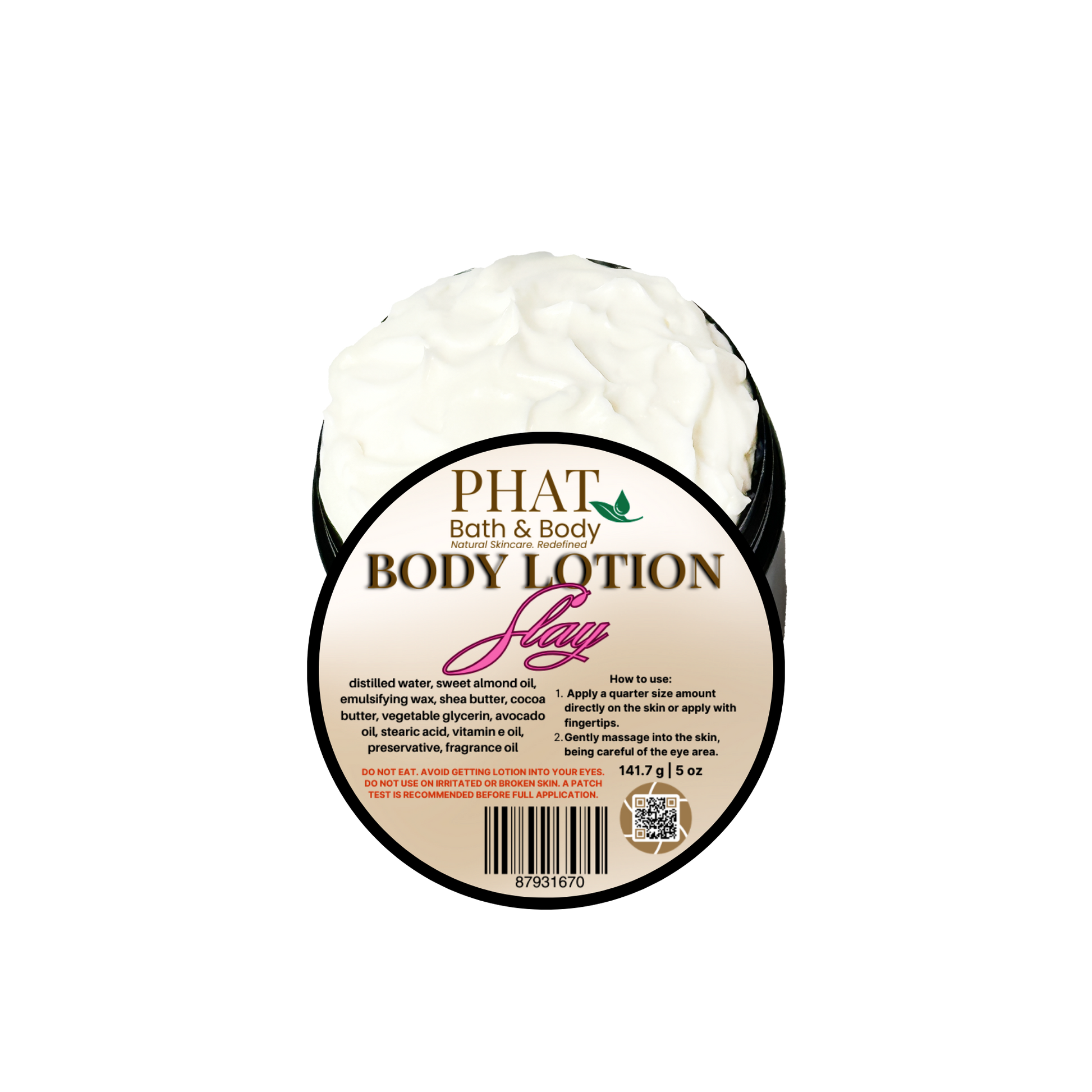 Body lotion container with 'Phat Bath & Body' branding on a white background