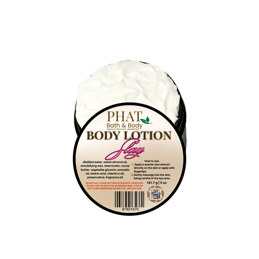 Body lotion container with 'Phat Bath & Body' branding on a white background