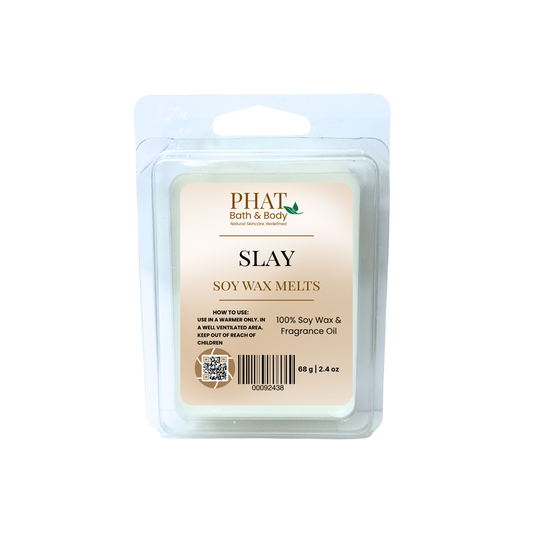Phat Bath & Body Soy Wax Melts packaging with 'SLAY' text on a white background
