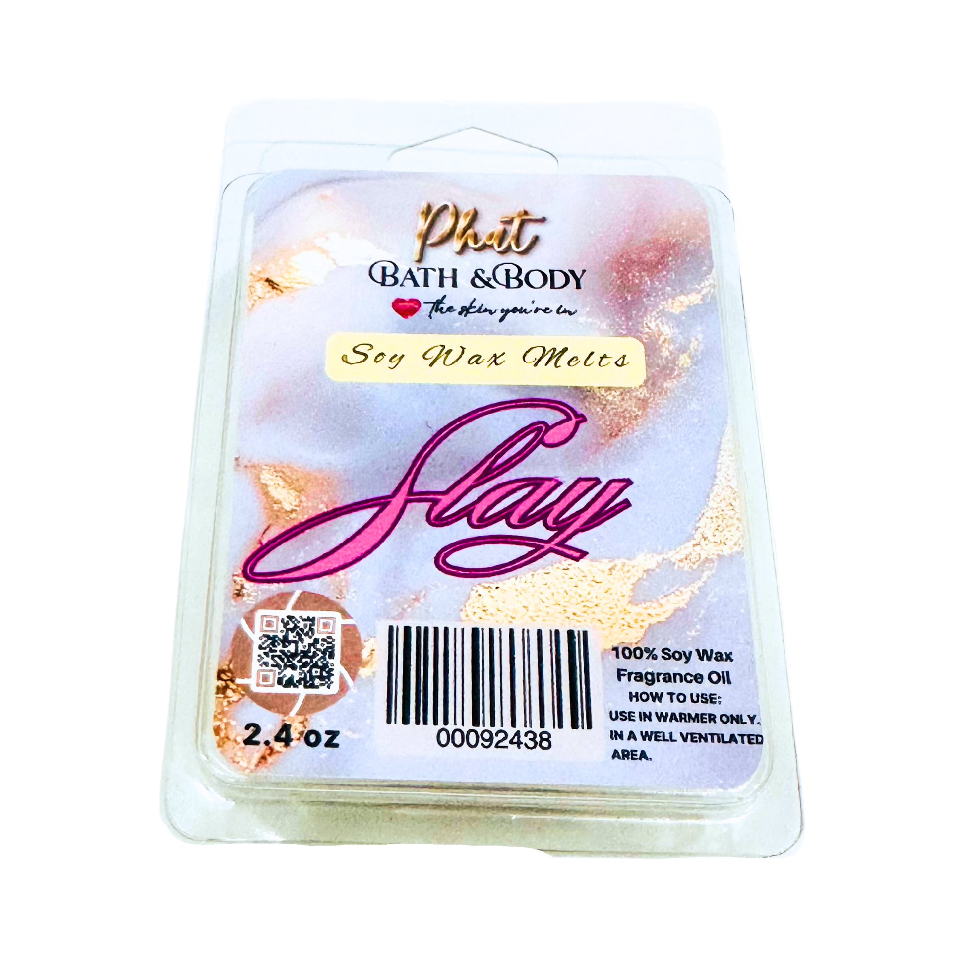 Soy wax melts packaging with 'Phat Bath & Body' branding and 'Slay' text.