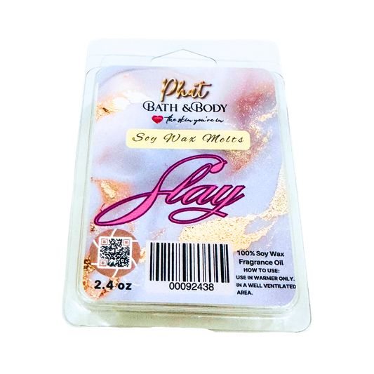 Soy wax melts packaging with 'Phat Bath & Body' branding and 'Slay' text.