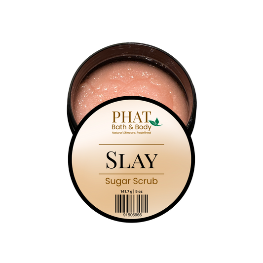 Jar of 'SLAY' sugar scrub with 'Phat Bath & Body' branding on a white background
