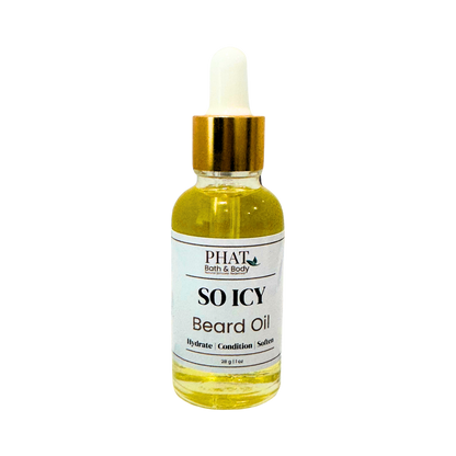 Bottle of 'So Icy' beard oil by Phat Bath & Body on a white background