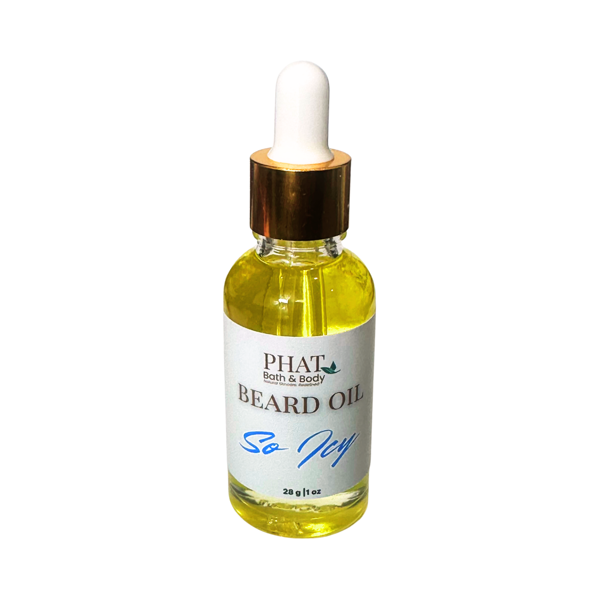 Bottle of Phat Bath & Body beard oil with dropper on a white background