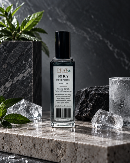 Back label of the So Icy men’s Eau de Parfum bottle styled with dark stone and icy accents.