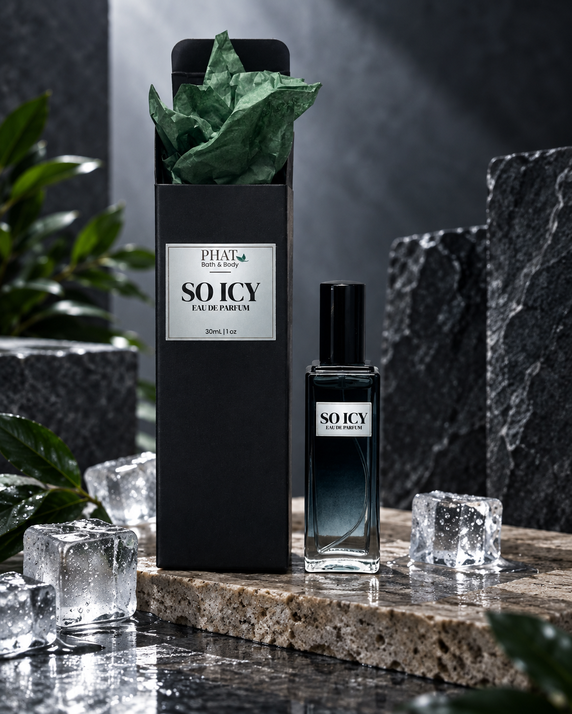 So Icy men’s Eau de Parfum bottle with black gift box, green tissue and cool icy styling.