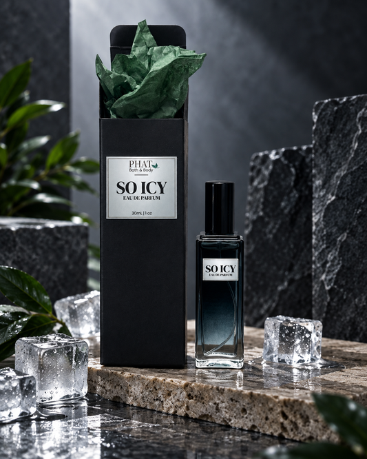 So Icy men’s Eau de Parfum bottle with black gift box, green tissue and cool icy styling.