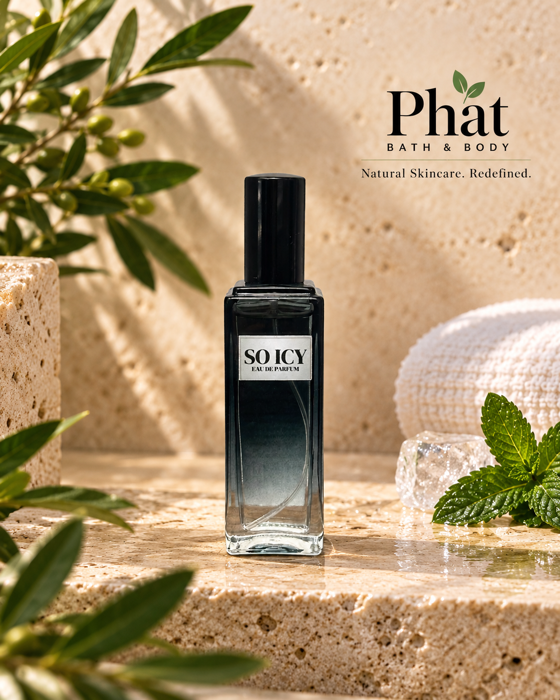 So Icy men’s Eau de Parfum bottle in a cool, modern luxury setting with icy accents.