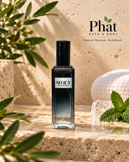 So Icy men’s Eau de Parfum bottle in a cool, modern luxury setting with icy accents.