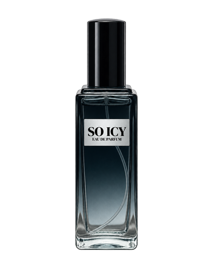 So Icy men’s Eau de Parfum bottle with front label on a transparent background.