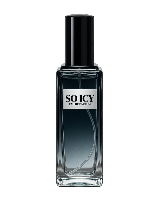 So Icy men’s Eau de Parfum bottle with front label on a transparent background.