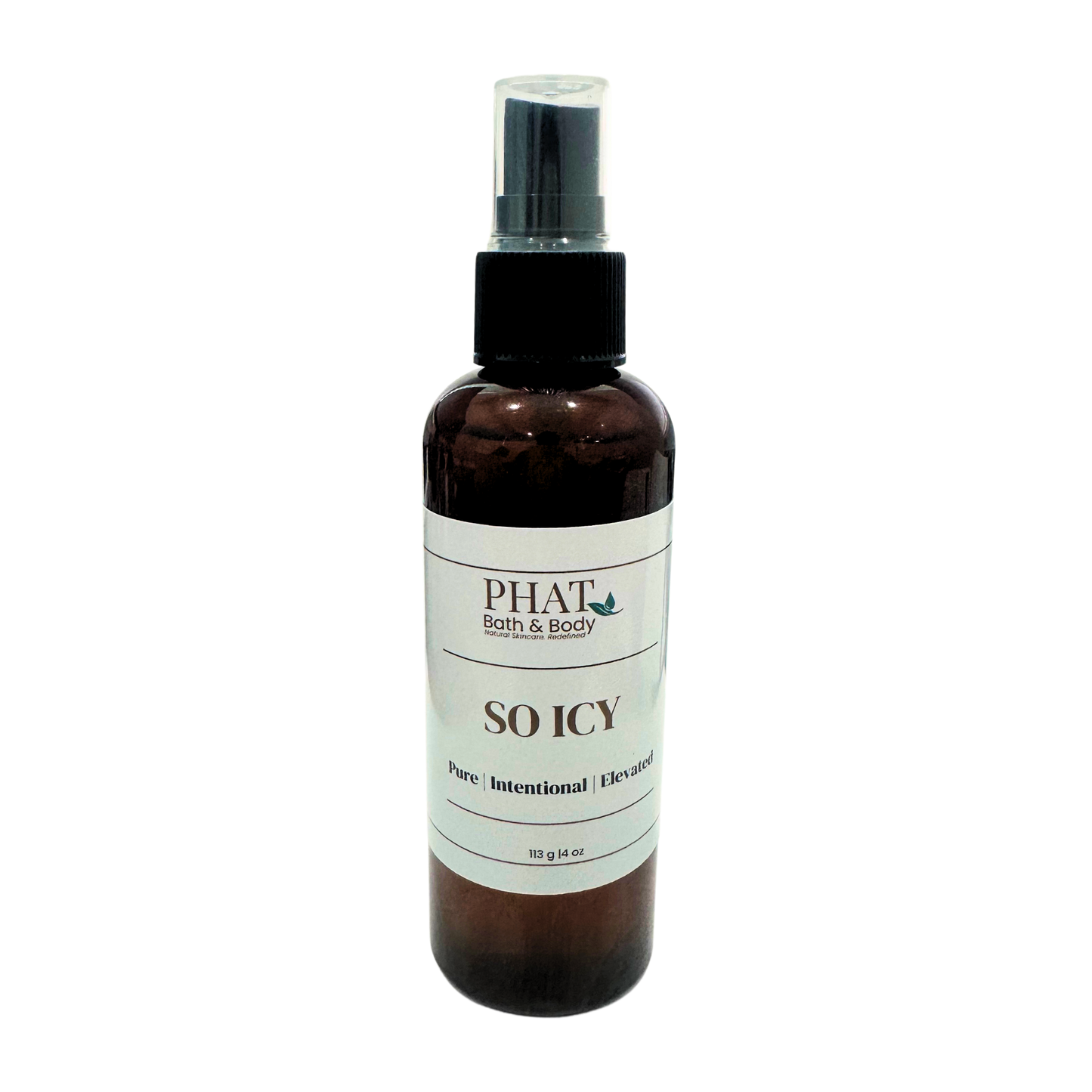 Bottle of 'So Icy' body spray by Phat Bath & Body on a white background