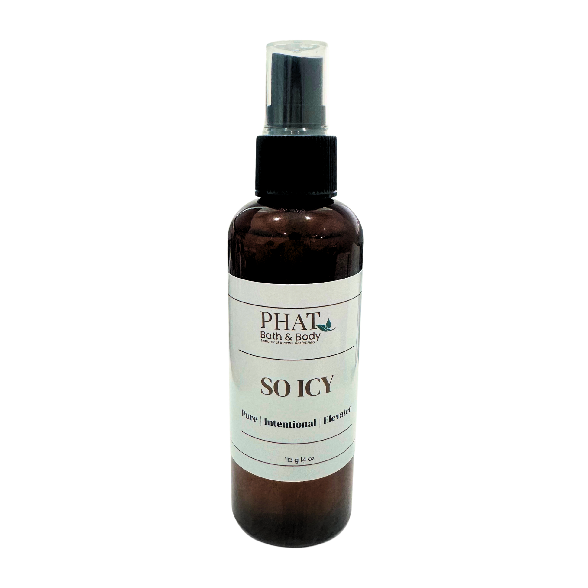Bottle of 'So Icy' body spray by Phat Bath & Body on a white background