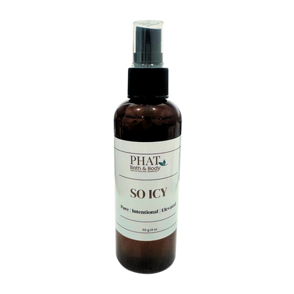 Bottle of 'So Icy' body spray by Phat Bath & Body on a white background