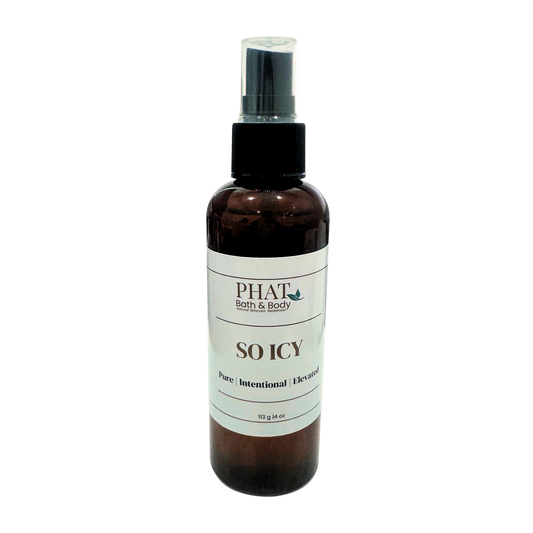 Bottle of 'So Icy' body spray by Phat Bath & Body on a white background