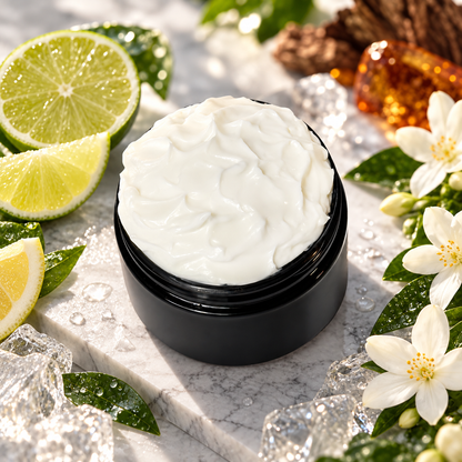 Open jar of Phat Bath & Body So Icy men’s Body Lotion styled with citrus, cool icy accents, jasmine and warm amber.