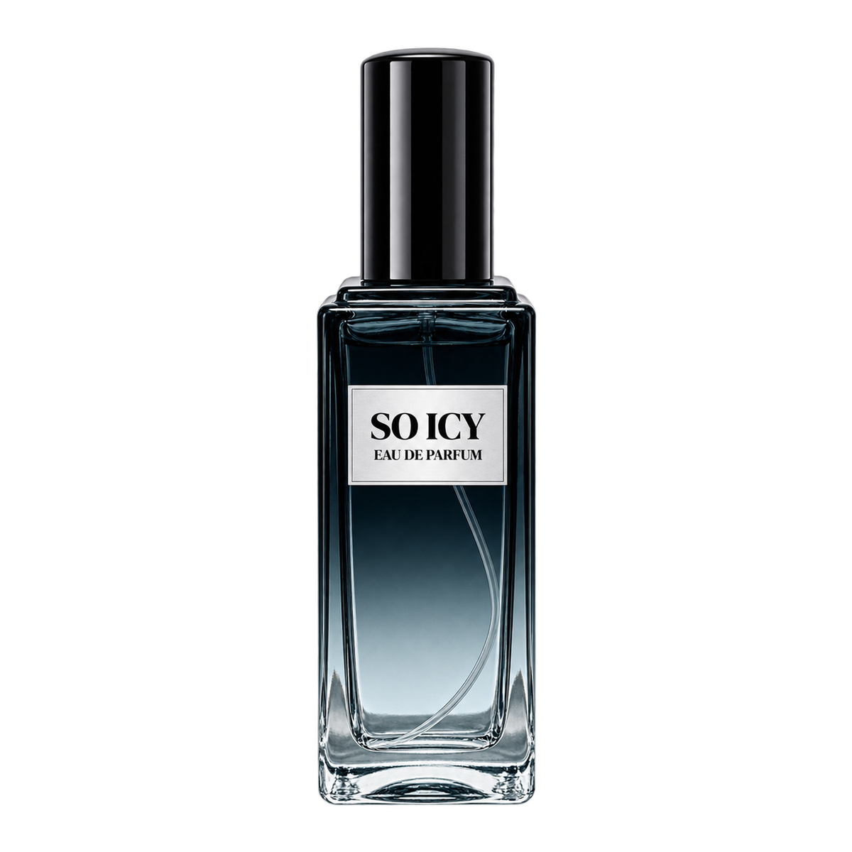 Phat Bath & Body So Icy Men’s Eau de Parfum in a tall clear glass perfume bottle with black cap, warm tan label, and icy blue-gray fragrance, shown as the main product image.