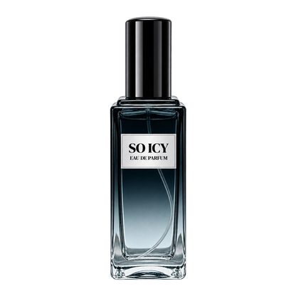 Phat Bath & Body So Icy Men’s Eau de Parfum in a tall clear glass perfume bottle with black cap, warm tan label, and icy blue-gray fragrance, shown as the main product image.