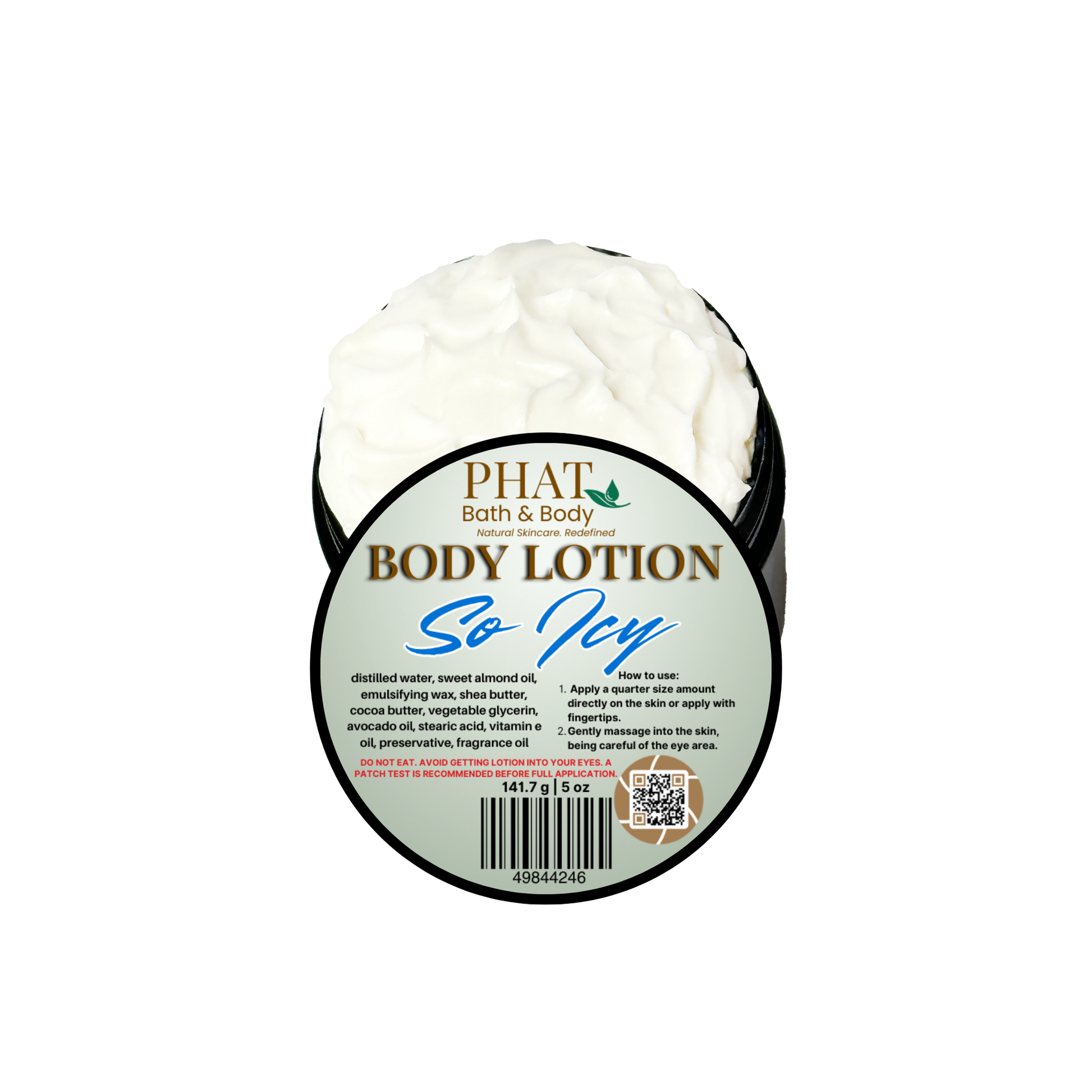 Body lotion container with 'Phat Bath & Body' label on a white background