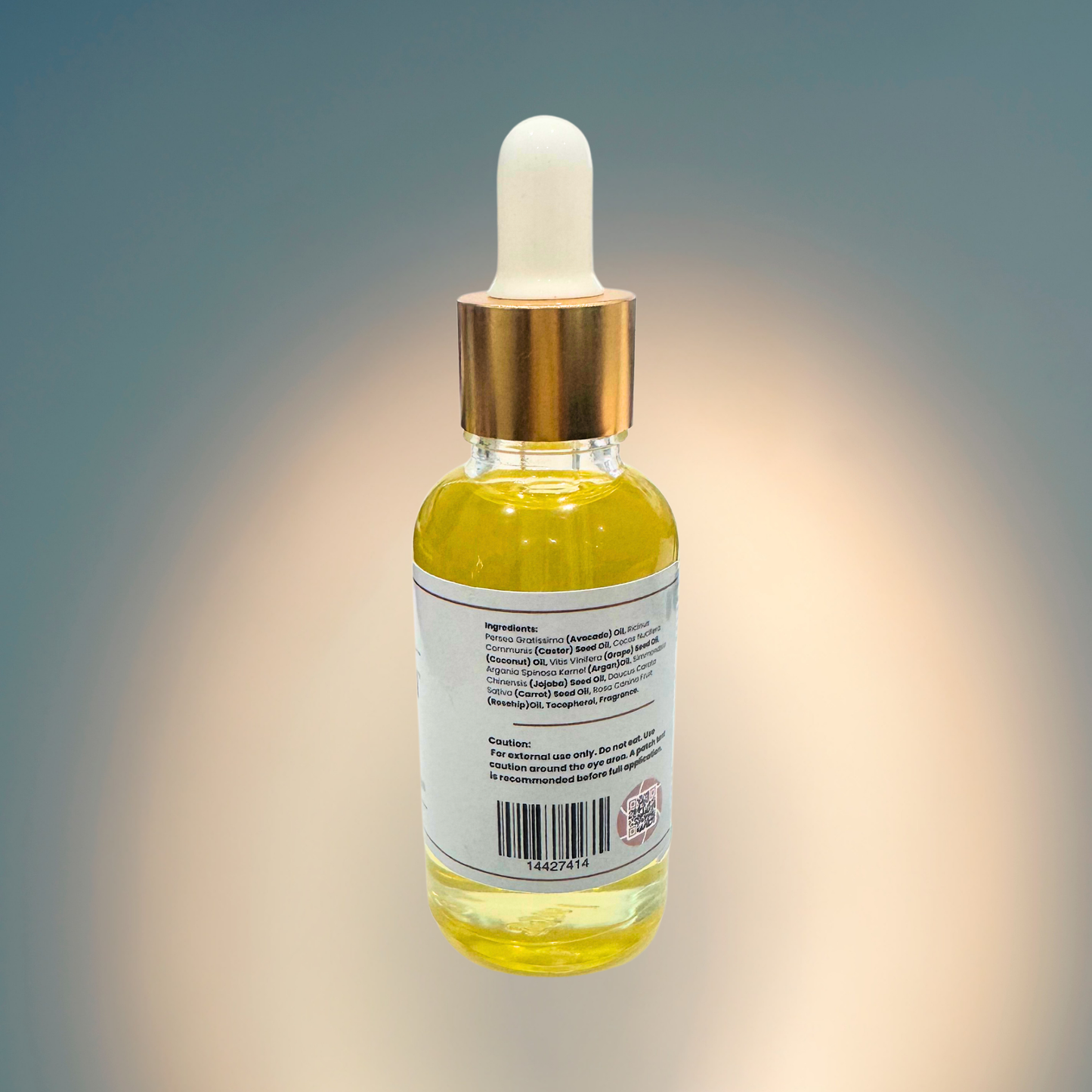 Clear dropper bottle with a label on a gradient background