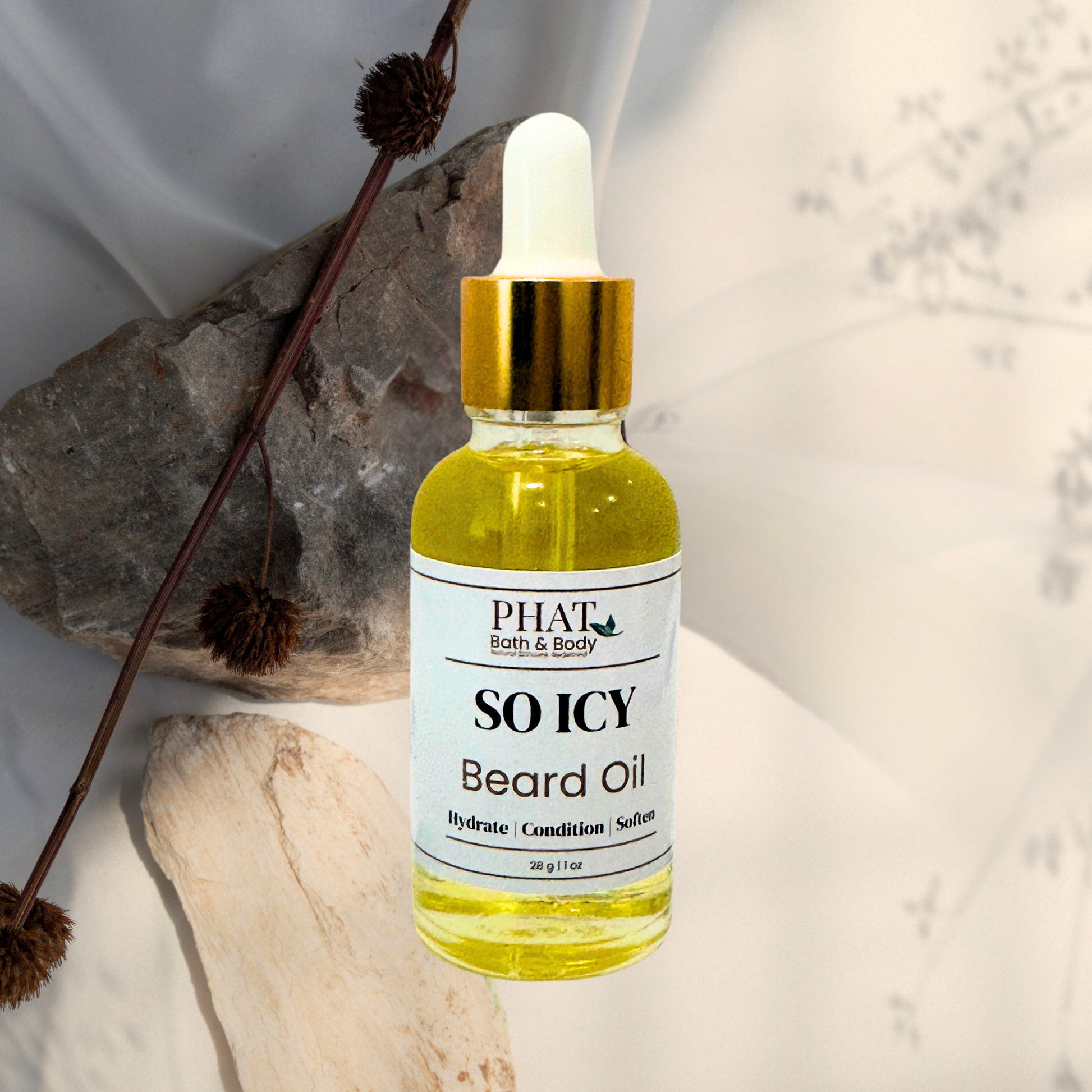 Bottle of 'So Icy' beard oil by Phat Bath & Body on a neutral background