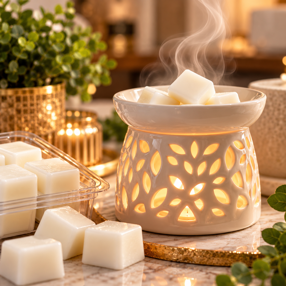 White soy wax melt cubes in a glowing ceramic wax warmer, with delicate fragrance wisps rising above the dish. Shows how scented wax melts release fragrance when heated, creating an inviting atmosphere without a candle flame.