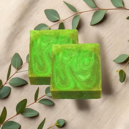 Two green soap bars with leafy branches on a beige fabric background