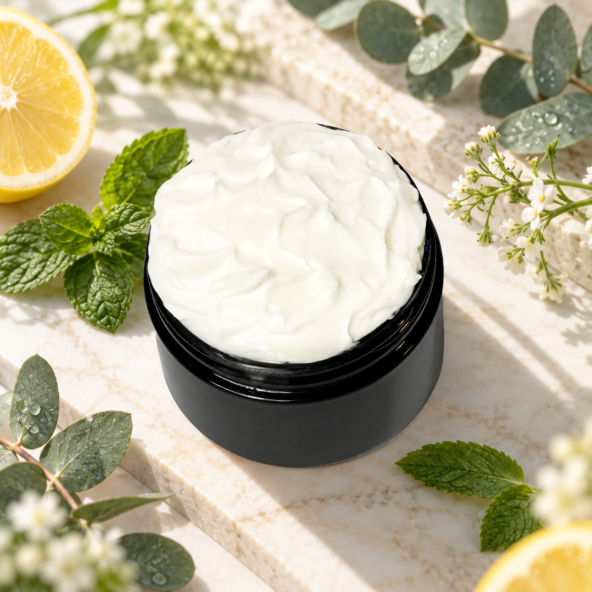 Open jar of Phat Bath & Body Spa Day Body Lotion with mint, eucalyptus, lemon and fresh botanical accents.