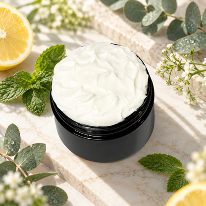 Open jar of Phat Bath & Body Spa Day Body Lotion with mint, eucalyptus, lemon and fresh botanical accents.