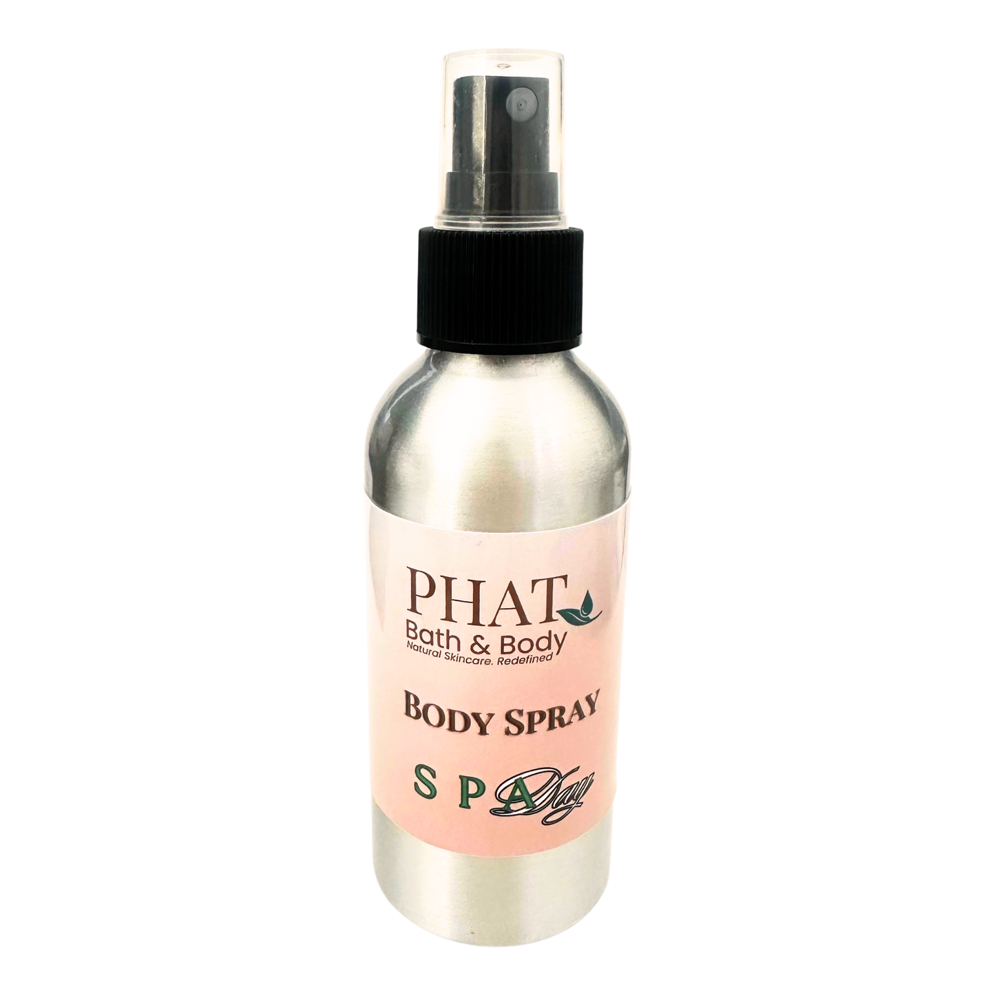 Body spray bottle with pink label on a white background