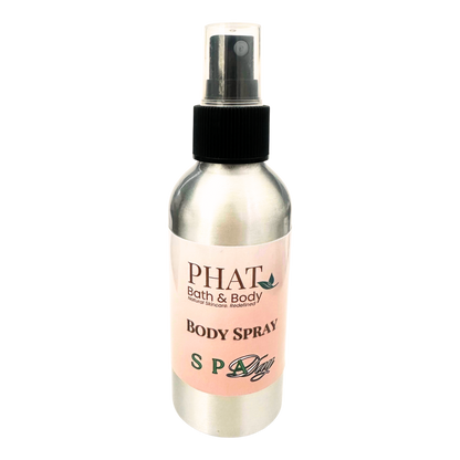 Body spray bottle with pink label on a white background