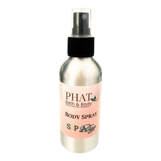 Body spray bottle with pink label on a white background