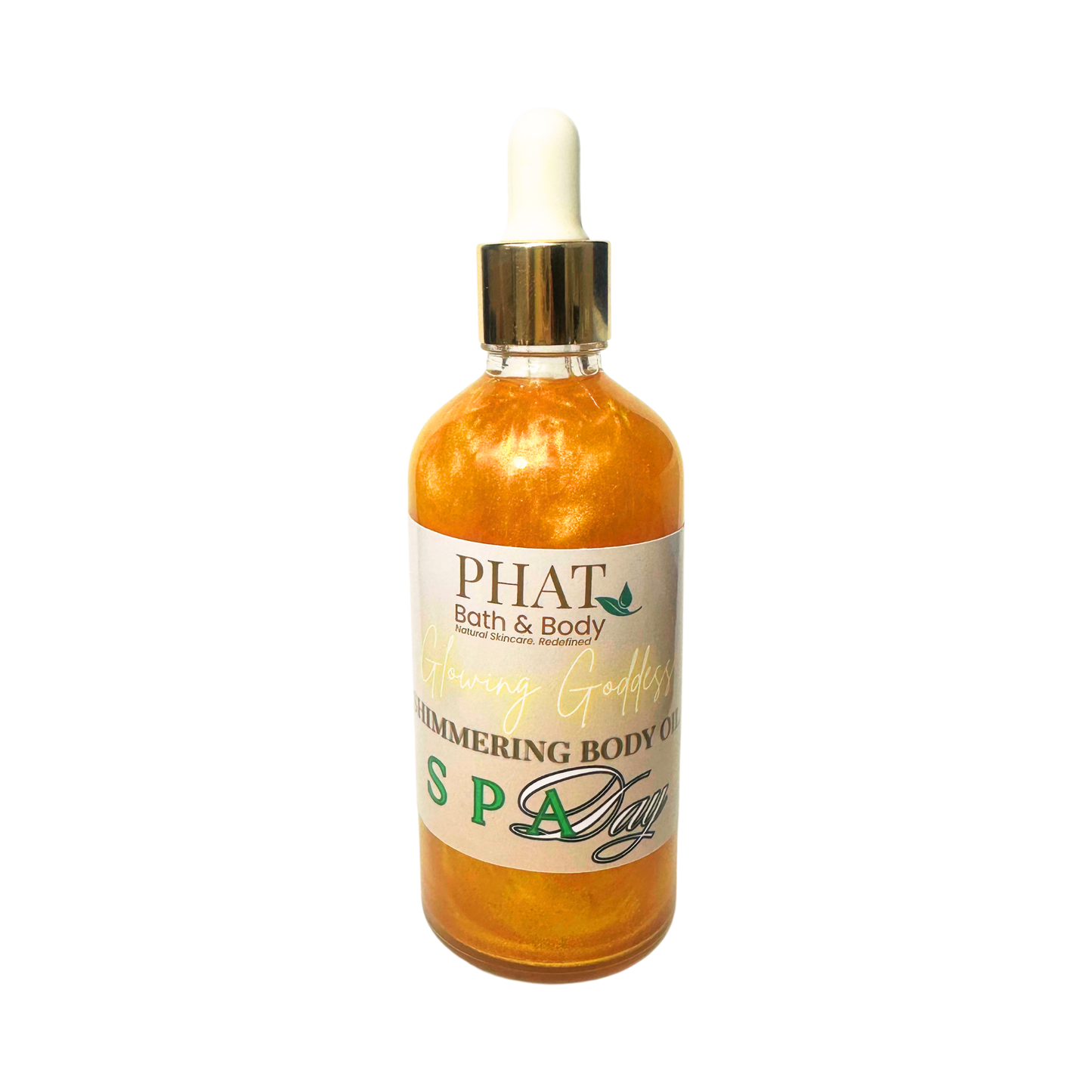 Gold bottle of 'PHAT Bath & Body' shimmering body oil on a white background