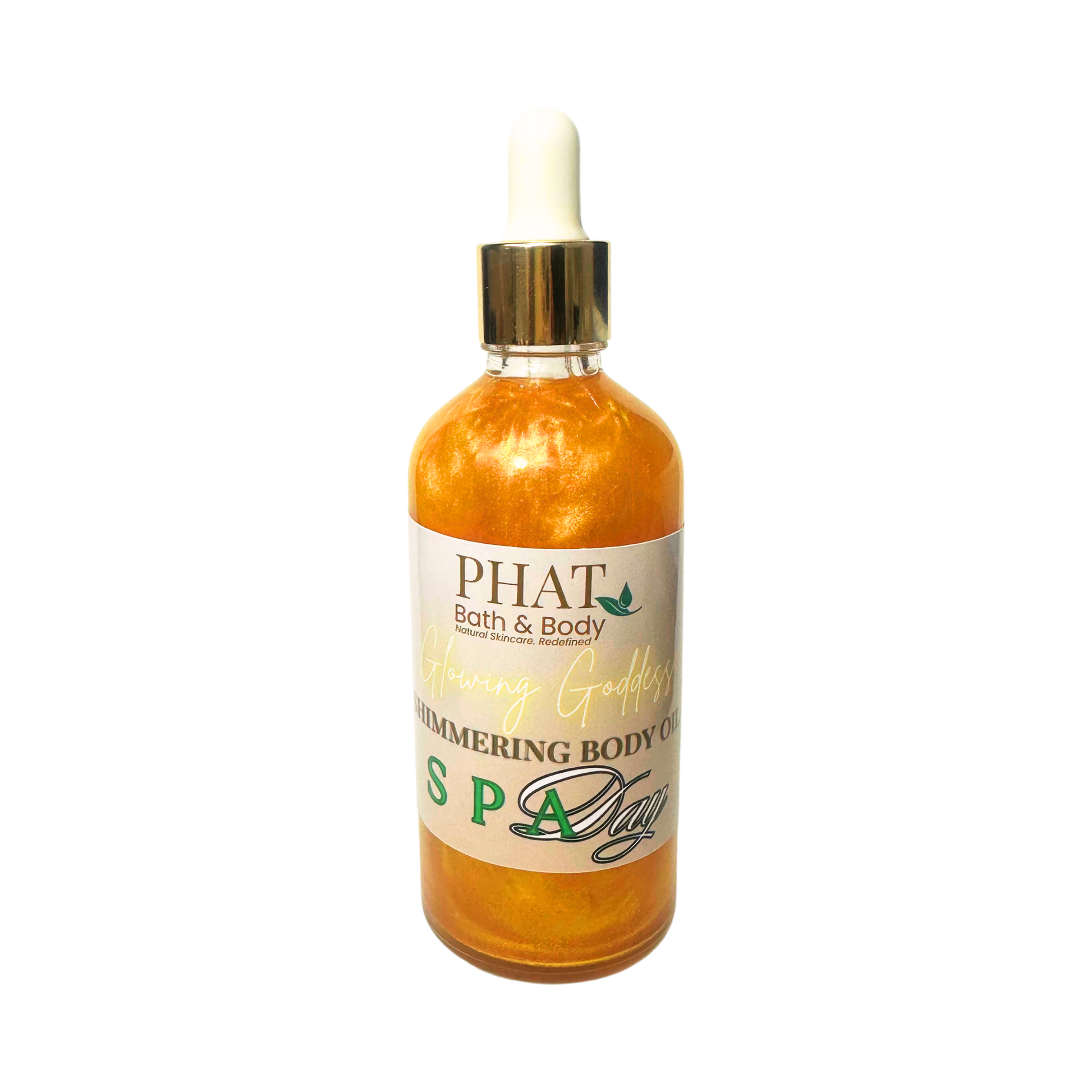 Gold bottle of 'PHAT Bath & Body' shimmering body oil on a white background