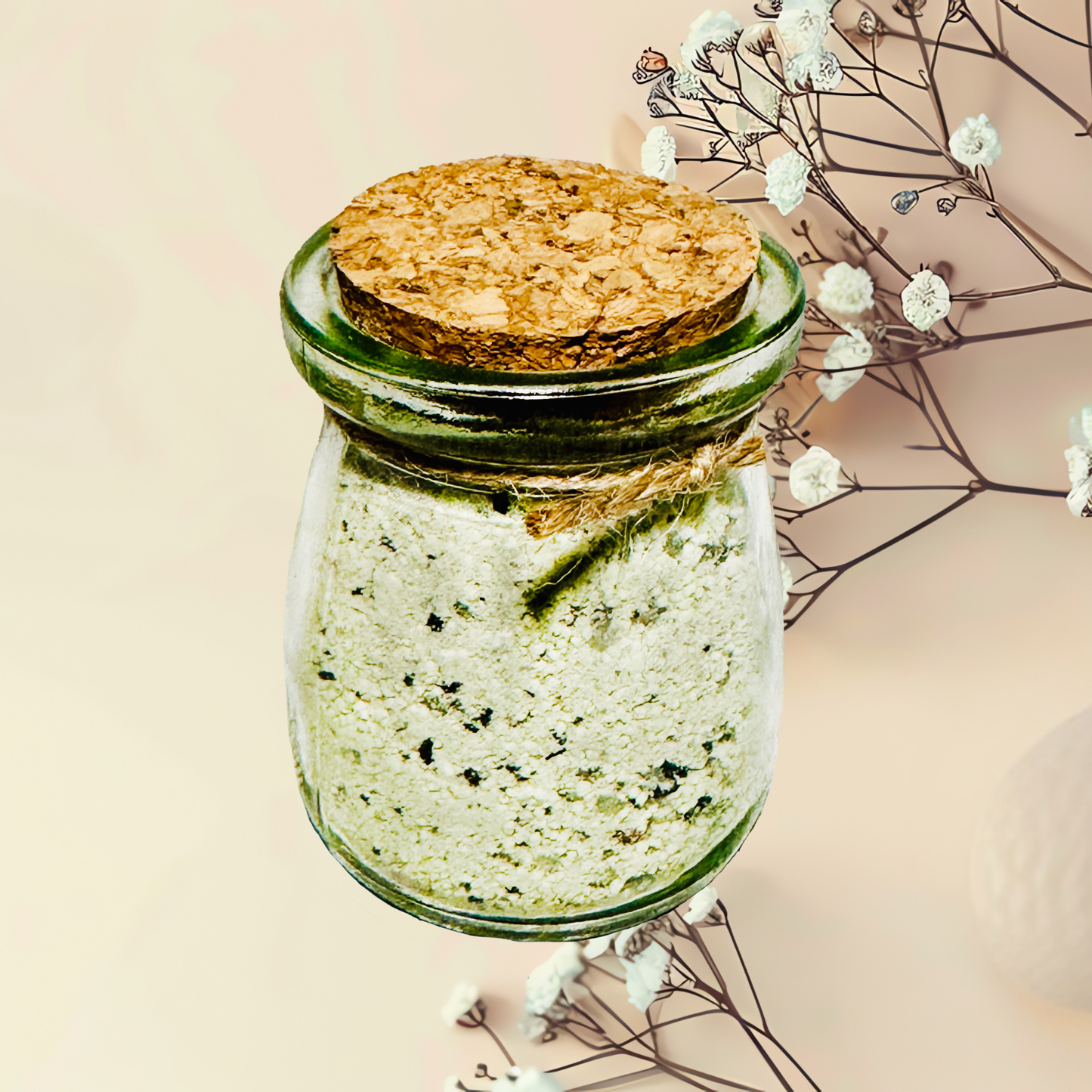 Glass jar with a cork lid containing bath salts, surrounded by dried flowers on a beige background.