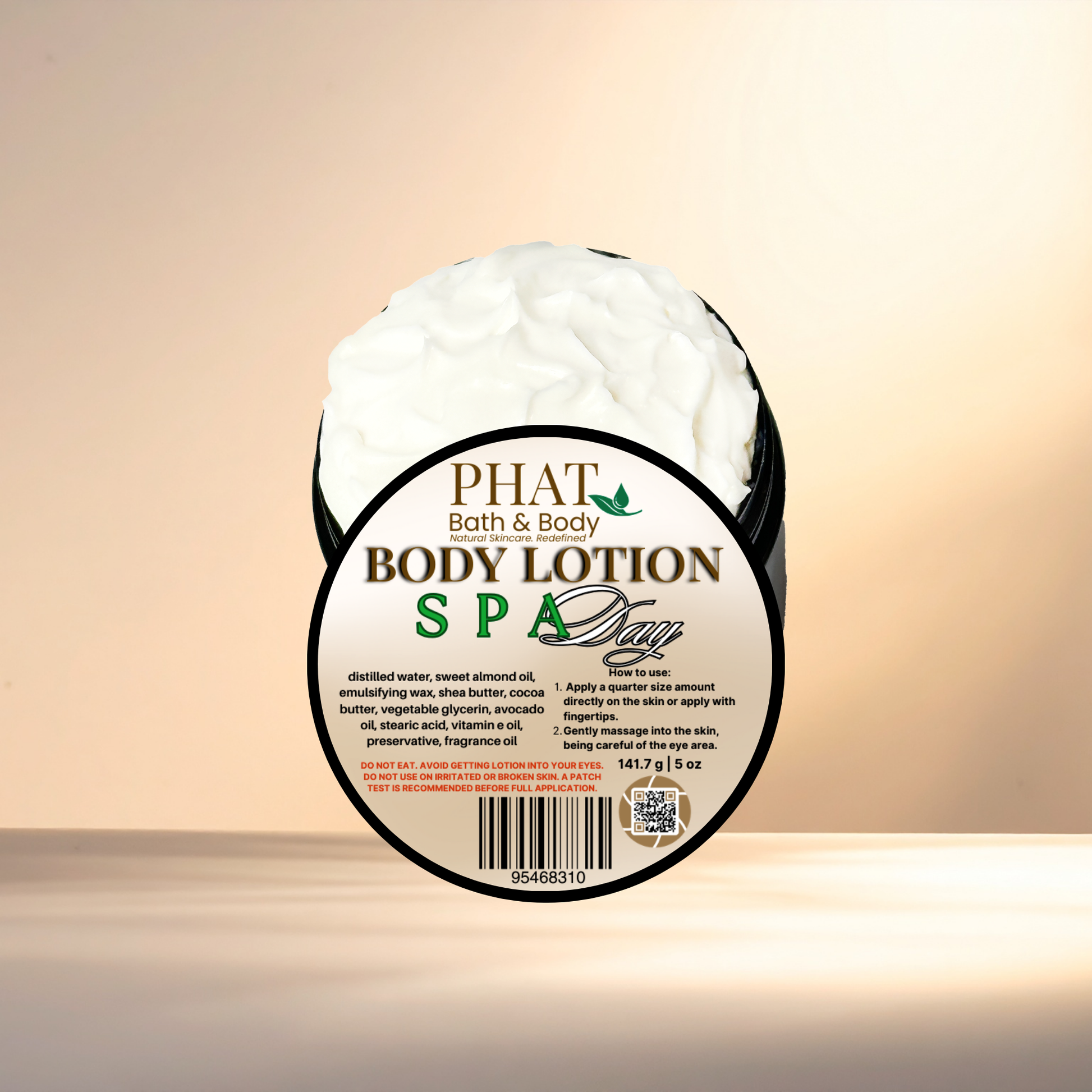 Body lotion container with 'PHAT Bath & Body' label on a gradient background